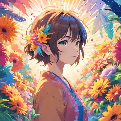 (official art, beautiful and aesthetic:1.2), (1girl:1.3),(fractal art:1.1),(colorful:1.1)(flowers:1.3),highest detailed,(zentangle:1.2), full body, (abstract background:1.3), (shiny skin), (many colors:1.4), ,(earrings), (feathers:1.5),