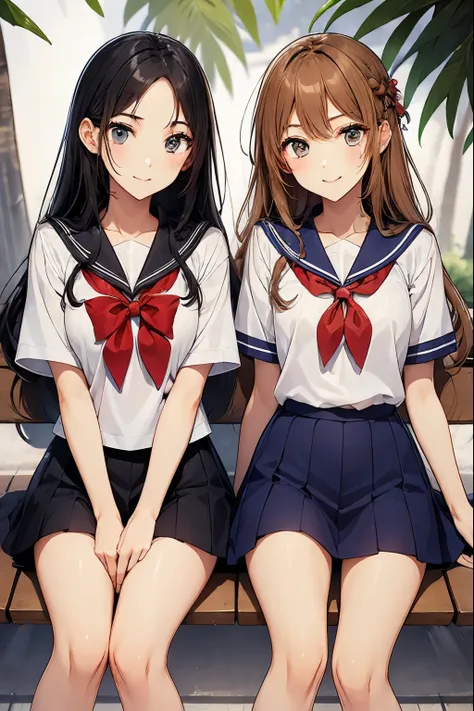 Two high school girls sitting on a park bench and licking soft serve ice cream、seductive smile、