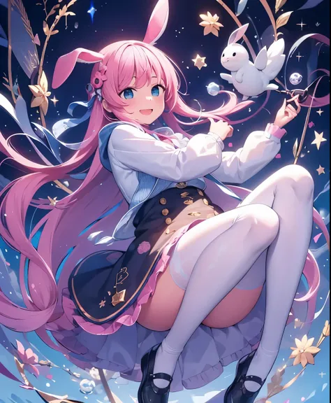 (masterpiece、highest quality、highest quality、official art、beautiful beautiful:1.2)、(1 girl:1.3)Hatsune Miku、twin tails,big breasts,1 girl, animal ears, pink hair, long hair, Rabbit, open your mouth, smile, Rabbit ears, bow, alone, white background, dress, ...