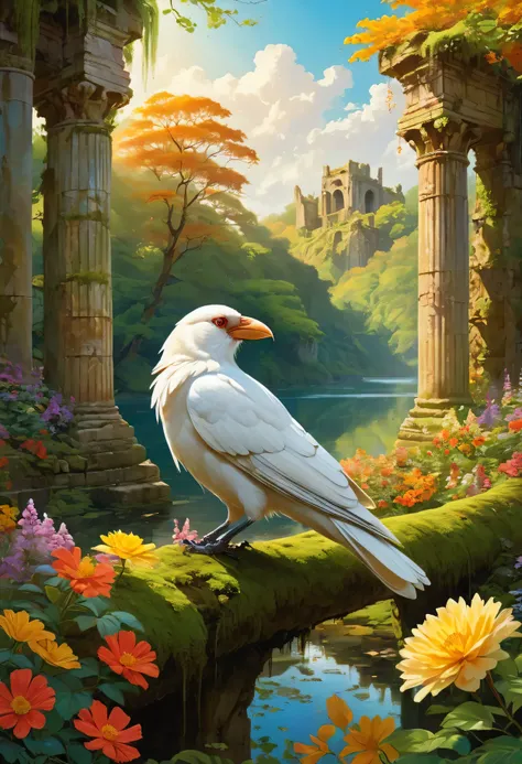 A magical forest with a white albino crow surrounded by vibrant flowers near an ancient ruin. Light red eyes and pale yellow beak, perched on a moss-covered branch. The forest is bathed in golden sunlight streaming through the dense canopy, casting enchant...