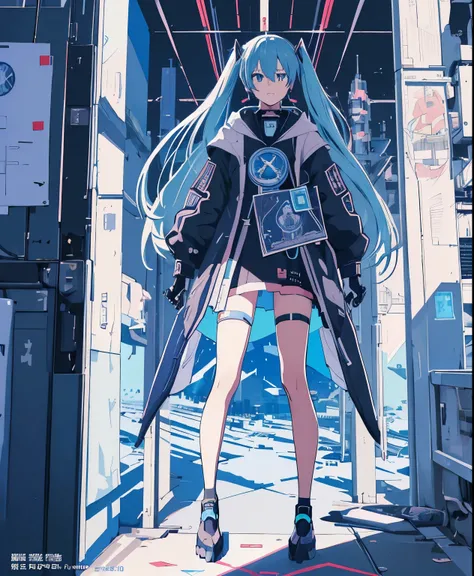 (masterpiece、最high quality、最high quality、official art、beautiful beautiful:1.2)、(1 girl:1.3)Hatsune Miku、twin tails,big breasts,((full body esbian))1 girl，stand position，full body esbian，I can see the whole body, alone,Telepathic Woman, Machine body, cyber ...