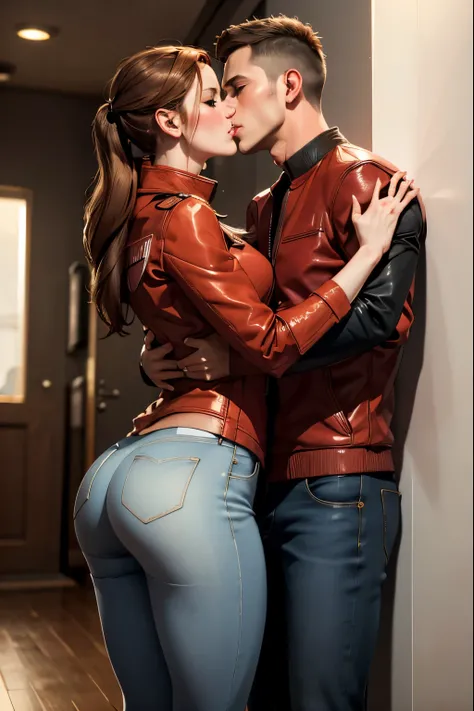 (masterpiece, best quality), 1girl and 1 man, claireredfield2, wear jeans, kiss the man , girl back, the man is pressing girl against the wall, indoor