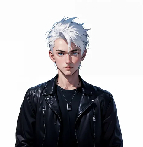 The boy is 18 years old, his hair is short, white. Black short T-shirt, leather jacket