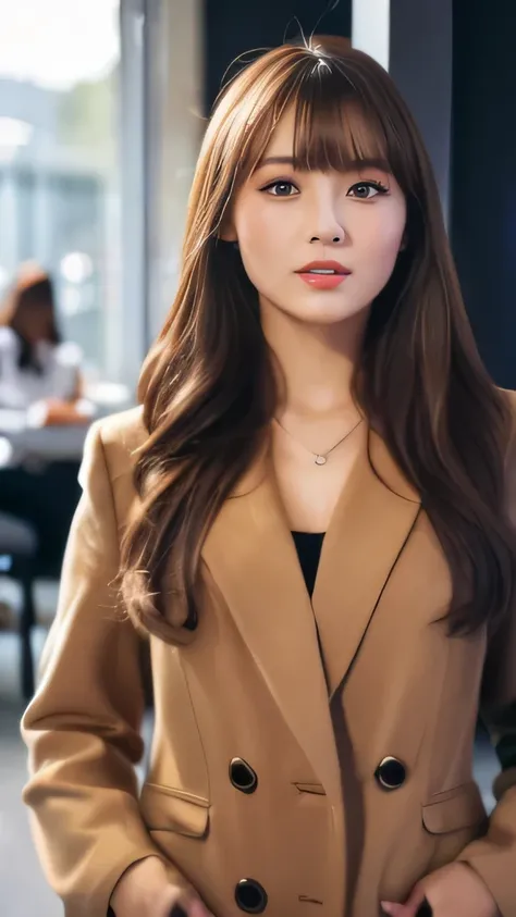 Best quality, 8k,  ,Masterpiece :1.3)), facing viewer,((full body1.2)) ,pretty woman, wide shot ,1girl, , selfie   , Office,,   suits, brown hair  , bangs,ultra-detailed face, highly detailed lips, detailed eyes, double eyelid