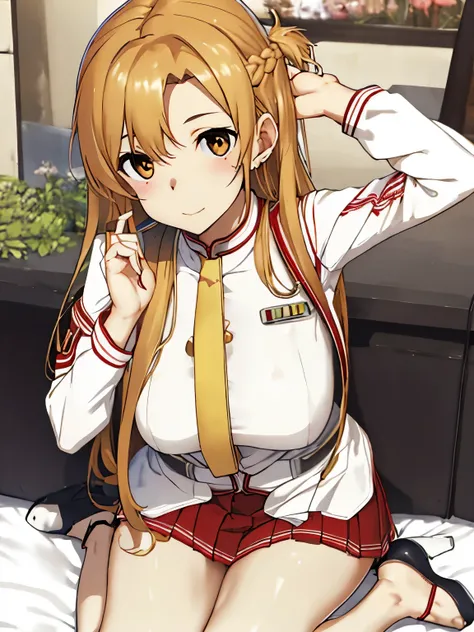 Asuna Yuki(Sword Art Online), dynamic angle, long bronze hair,Braid,brown eyes,fine eyes,big chest line,roll forward,armature,chest flap,long sleeve white shirt,removed sleeve,red and white skirt,pleated skirt,lively,Her thin legs are so cute.,very beautif...