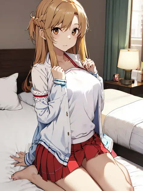 Asuna Yuki(Sword Art Online), dynamic angle, long bronze hair,Braid,brown eyes,fine eyes,big chest line,roll forward,armature,chest flap,long sleeve white shirt,removed sleeve,red and white skirt,pleated skirt,lively,Her thin legs are so cute.,very beautif...