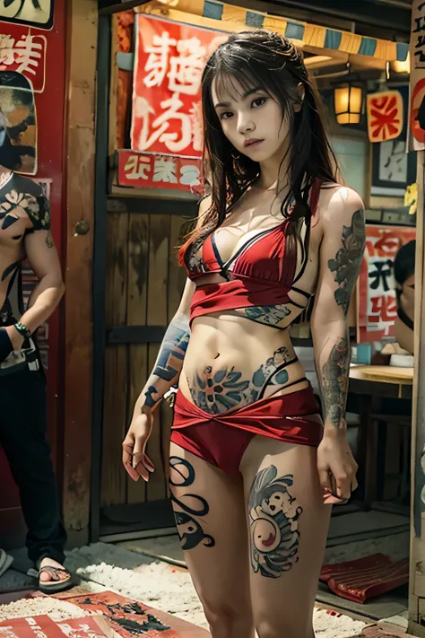 RAW image quality, Japanese, 14 years old, embarrassed expression, Girl and Horihada, Yakuza, japanese mafia, Background of Tokyo Red Light District, realistic, Photoreal, masterpiece, highest quality, Movie photo of a Japan cartel gang with tattoos, spect...