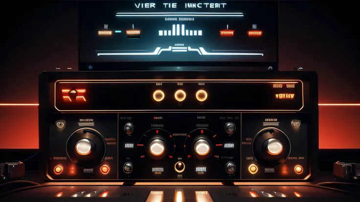 User interface resembling an old-school analog synth with labeled pedal knobs, switches, a virtual tuner display, an input/output level indicator, and an effects chain visualization, including a VU meter for input/output levels, with retro fonts for the la...