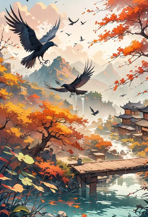 a chinese painting， Chinese background，(1 crow:1.3)，In the sun，golden red sun，mountains， Xiangyun， masterpiece， Ultra-detailed， epic work， ultra high definition， high quality， Very detailed， official art， unity 8k wallpaper， Ultra-detailed， 32k