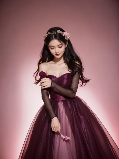 A woman wearing dark pink is holding a flower in her hand., wearing dark pink clothes, Wearing an organza gown and a dark pink ballroom gown., hot pink clothes, Wearing a dark pink suit, Stylish Editorial Photography, official valentino editorial, transluc...