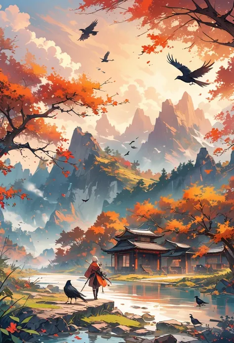 a chinese painting， Chinese background，1 crow，In the sun，golden red sun，mountains， Xiangyun， masterpiece， Ultra-detailed， epic work， ultra high definition， high quality， Very detailed， official art， unity 8k wallpaper， Ultra-detailed， 32k