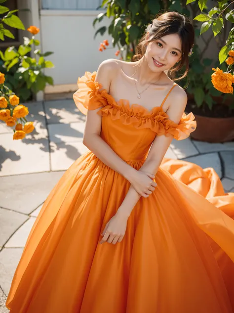 A woman wearing orange is holding a flower in her hand, wearing orange clothes, Wearing organza gowns and orange ballroom gowns, orange clothes, wearing an orange suit, Stylish Editorial Photography, official valentino editorial, translucent dress, Subtle ...