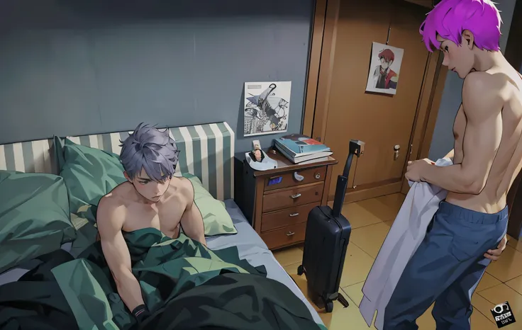 There are two 16 year old boys, one sitting on the bed waking up without a shirt and the other standing near him, sad, one has gray hair, the other has purple hair.