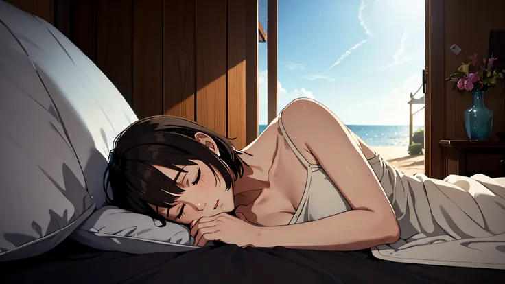 Generate an image of a woman with blackish-brown short bob hair, peacefully asleep on a bed inside a small coastal house. The room should be completely dark with no visible light, emphasizing the nighttime atmosphere. The womans eyes are closed, displaying...