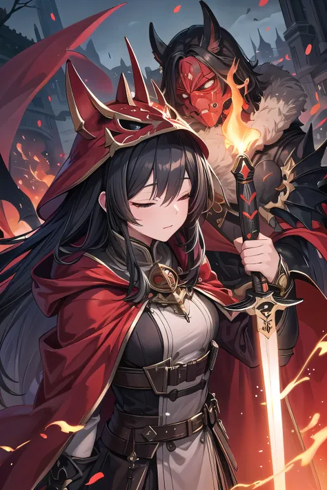 A female character hiding her eyes with a red iron mask、black hair、long hair、red cloak、Holding a flaming, thick sword、Hero