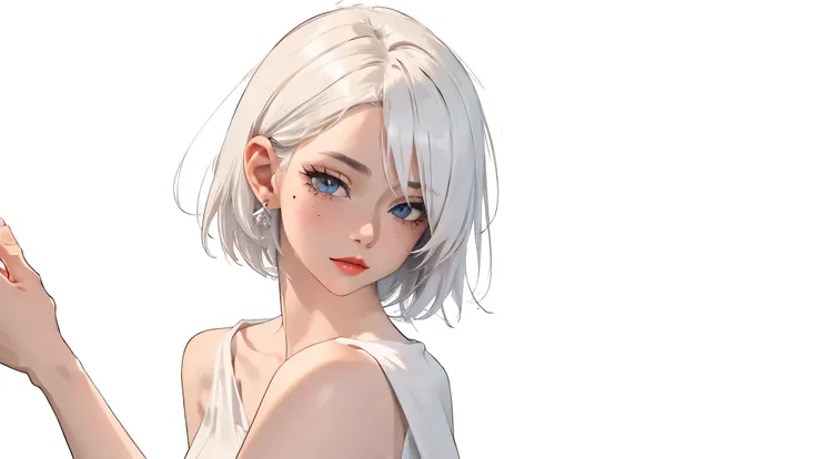 extremely detailed CG unity 8k wallpaper), (masterpiece), (best quality), (ultra-detailed), (best illustration), (best shadow), (absurdres) ,(detailed eyes), 2b, 1girl, short hair, white hair, solo, Intimidating women, casual clothes, elegant dress , hero ...