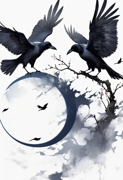 crow, White background, moon, simple, Minimalism, Regular Angle,