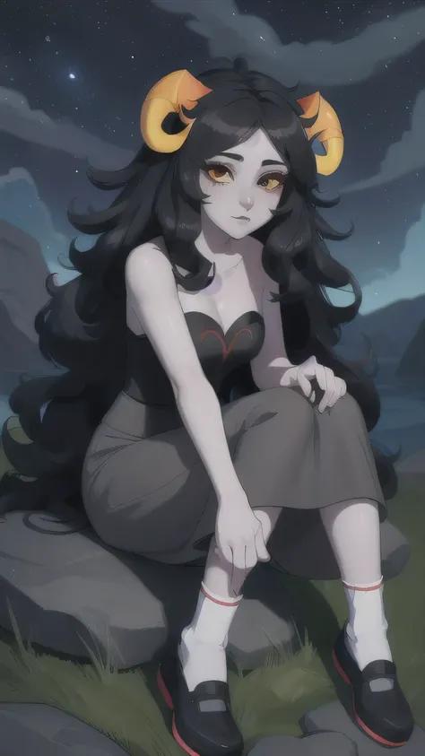 close-up portrait, aradia,  (horns), gray skin, very long hair, cleavage, tube top, bare shoulders, collarbone, (black lipstick)...