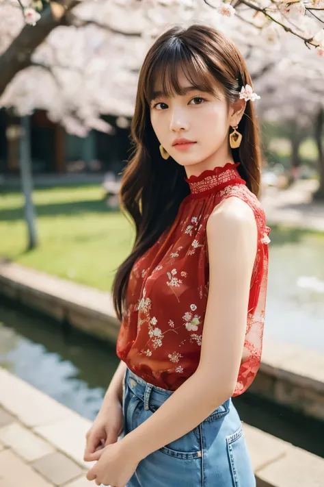 lens 135mm f1.8,(best quality),(masterpiece:1.1),
dappled sunlight, dramatic lighting,
(beautiful 14yo Japanese girl),
eyeliner, cheek, earring, (red neck choker),
(long (red color:0.7) hair), flutter in wind,
BREAK
A portrait of filled with spring blossom...