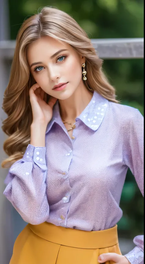 ((highest quality, 4k, masterpiece: 1.3)), beautiful woman with perfect figure: 1.4, (abs, developed hand muscles: 1.2), light brown hair, highlight hair、Fashionable blouses、Fashionable skirts, Highly detailed face and skin texture, detailed eye, double ey...