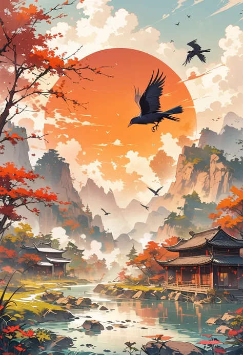 a chinese painting， chinese background，1 crow，in the sun，golden red sun，mountains， xiangyun， masterpiece， ultra-detailed， epic w...