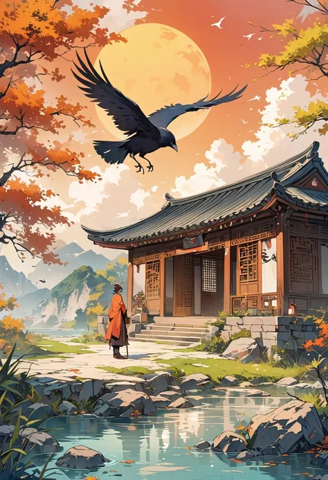 a chinese painting， Chinese background，1 three-legged crow，In the sun，golden red sun，mountains， Rios，Xiangyun， masterpiece， Ultra-detailed， epic work， ultra high definition， high quality， Very detailed， official art， unity 8k wallpaper， Ultra-detailed， 32k