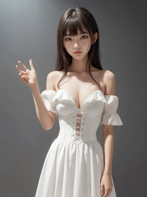 girl wearing bustier dress, BREAK, 1girl, (long bustier dress:1.2), ruffle shirt, high neckline white short puffy sleeve, (black bustier:0.8), chickern farm background, chicken, 

(white long skirt:1.2), beauty pose, calm gesture, 

japanese, (13yo, cute:1...