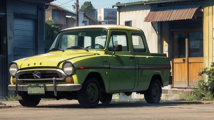 A green truck with yellow rims is parked in a dark room, the ugliest car in the world, kama russian electrocar, Green pickup car, car, pepper, 1959, 1 9 5 8, 1958, 1961」, vintage - w 1 0 2 4, Avocado Car, 1 9 5 6、Daihatsu Midget