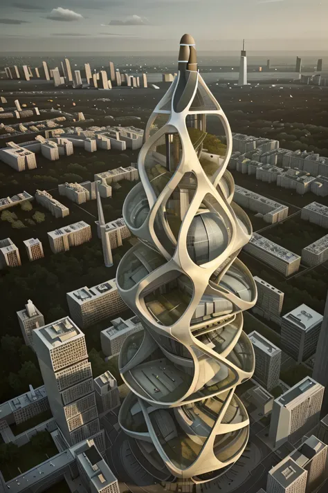 the building looks like a tree of life from a bird's eye view, it is a 200-meter tower in the middle of the ground, which has a ...