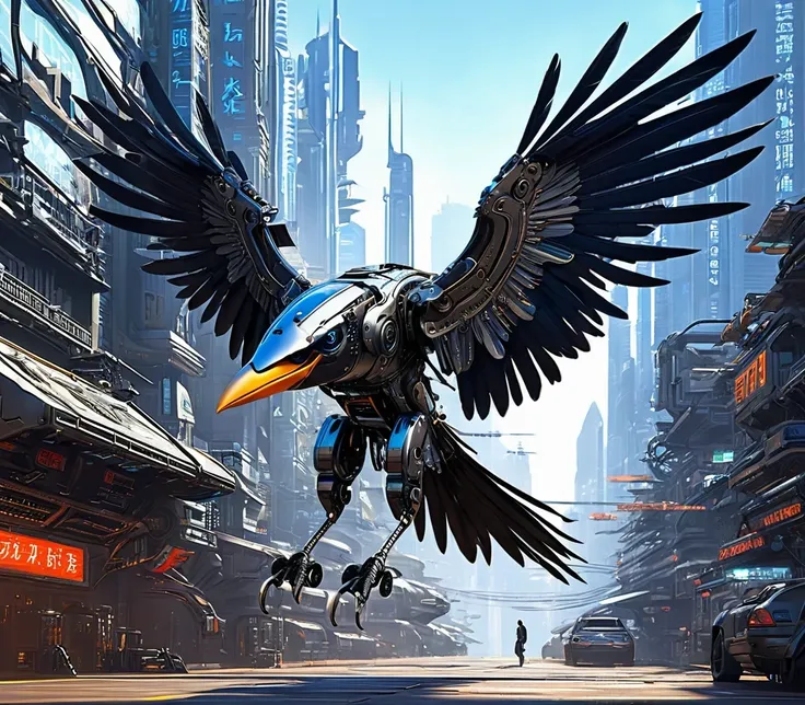 Flying metal mechanical crow，Futuristic metal crow，Mechanical crow，This crow is made entirely of small metal parts，Detailed mechanical wing,metal feather,Precise and complex design,Very fine texture,Shiny steel body,futuristic city background，Beautiful sci...