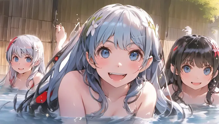   light blue hair,Hair style is twin tails,light blue eyes,white skin,Elf two-dimensional beautiful girl, superb smile,close eyes, open mouth,Thick body type,big onsen,bathing naked, beautiful nipples,with three Elf two-dimentional beautiful girls, looking...