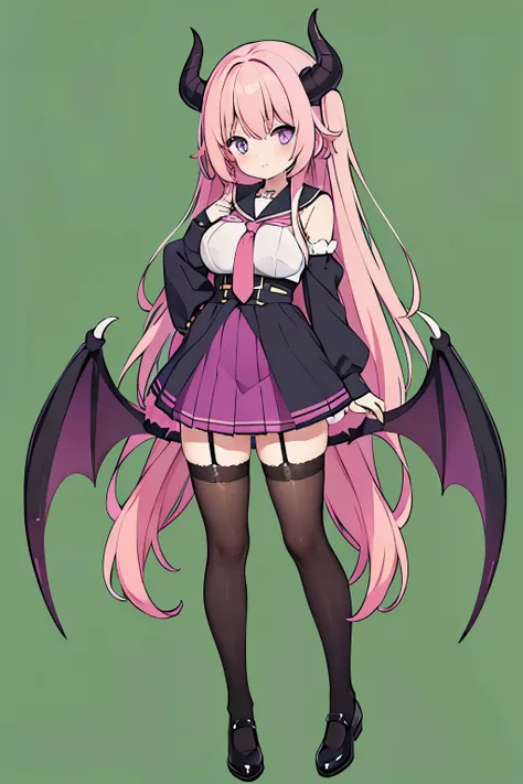 upright,1 girl,green background, full body, long hair, pink hairs, purple eyes, big breasts, devil wings, devil horns, devil tail, sailor suit, long sleeves, short skirt, black long socks,sideways,longhair,succubus,student,standing,garter belt,side ways