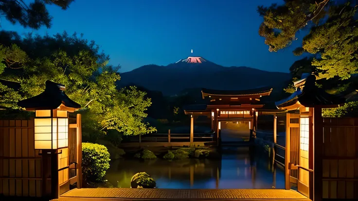 japanese countryside、A magnificent torii gate、Dream-come-true atmosphere、fantasy、shrine、evening、Cool air、beautiful scenery