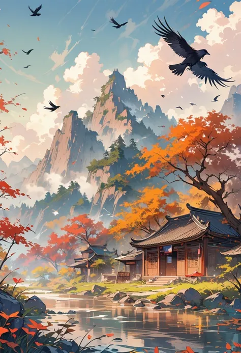 a chinese painting， Chinese background，(1 crow:1.5)，In the sun，golden red sun，mountains， Xiangyun， masterpiece， Ultra-detailed， epic work， ultra high definition， high quality， Very detailed， official art， unity 8k wallpaper， Ultra-detailed， 32k