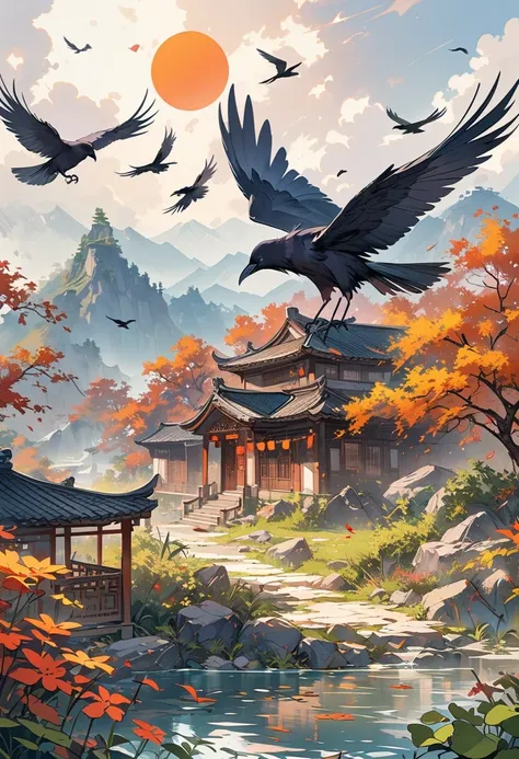 a chinese painting， Chinese background，(1 crow:1.5)，In the sun，golden red sun，mountains， Xiangyun， masterpiece， Ultra-detailed， epic work， ultra high definition， high quality， Very detailed， official art， unity 8k wallpaper， Ultra-detailed， 32k