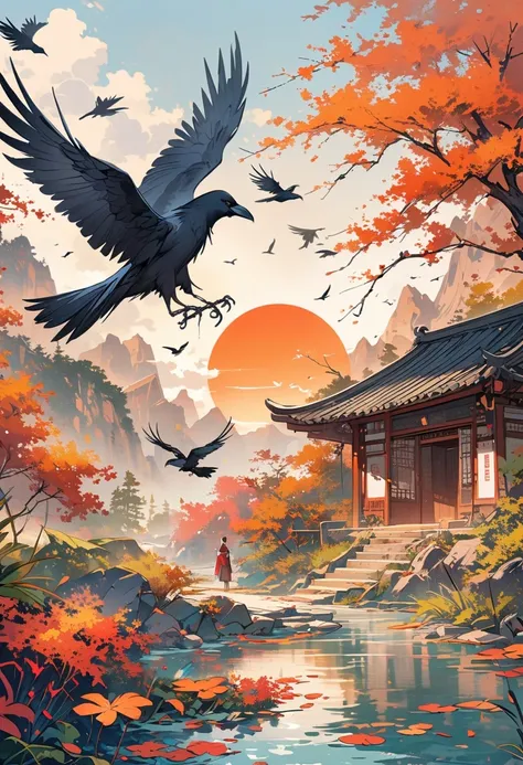 a chinese painting， chinese background，(1 crow:1.5)，in the sun，golden red sun，mountains， xiangyun， masterpiece， ultra-detailed， ...