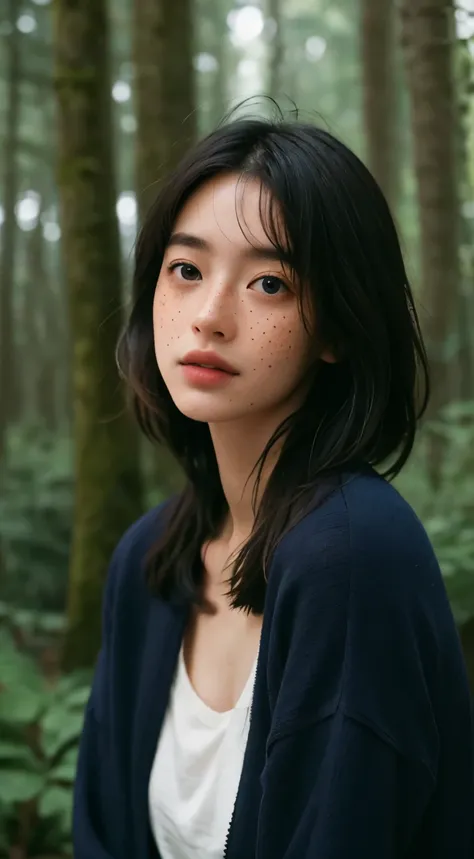 Best quality, masterpiece, ultra high res, (photorealistic:1.5), raw photo, 1girl, dark blue sweater, dense forest , deep shadow, low key, cold light, sexy look, Bob hair, ((freckles)), in front of him there were wild plants, blurry background.
