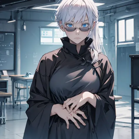 Woman, famale version, female, jujutsu kaisen, solo, alone, white hair, bangs, long hair, white eyebrows, white eyelashes, light blue eyes, wearing round sunglasses, wearing black shirt, black sleeves, black clothing, in classroom, school, high quality, 4k...