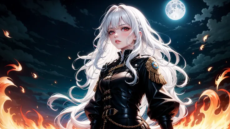 Masterpiece, best quality, 1 woman, white hair, wavy hair, long hair, Red Eye, upper body, alone, bright colors, cowboy shot, fire background, full moon, fix lips