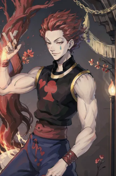 masterpiece、highest quality、(male)、red hair、Holding a playing card、Lots of playing cards、fearless smile、whole body、Wear an aura、simple background、hisoka (hunter x hunter)sleeveless、stand、outdoor