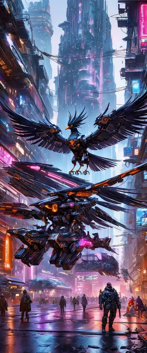 flying metal mechanical crow，futuristic metal crow，mechanical crow，this crow is made entirely of small metal parts，detailed mech...