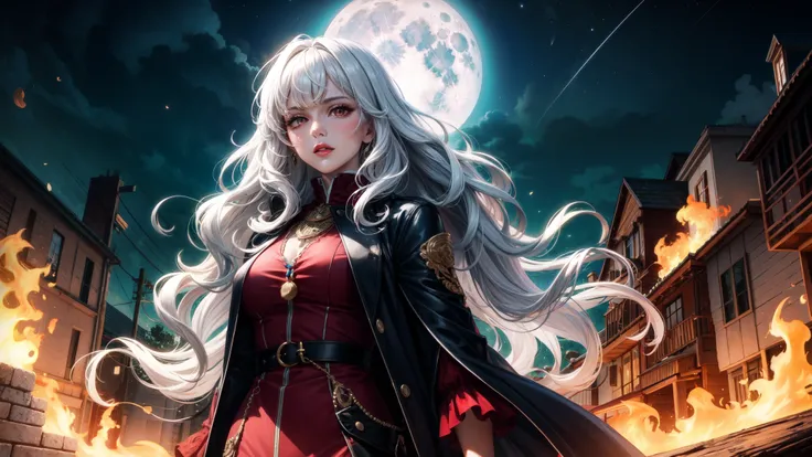 Masterpiece, best quality, 1 woman, white hair, wavy hair, long hair, Red Eye, upper body, alone, bright colors, cowboy shot, fire background, full moon, full lips, natural lips