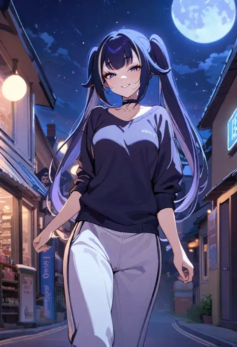 ((shylily)). night time, neighbourhood, outside, dark sky, stars, moon, black sweater, sweatpants, going to convenience store, naughty smile, domineering smile, arrogant expression, cocky attitude, masterpiece, best quality, twin tails