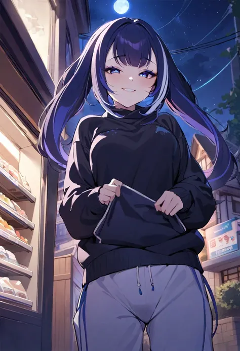 ((shylily)). night time, neighbourhood, outside, dark sky, stars, moon, black sweater, sweatpants, going to convenience store, naughty smile, domineering smile, arrogant expression, cocky attitude, masterpiece, best quality, twin tails