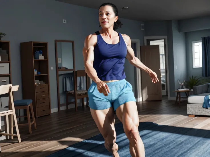 Woman in a room dancing, wearing gray shorts and a blue tank top, she is around 30 years old. Masterpiece, best quality, (best quality), realistic lighting.