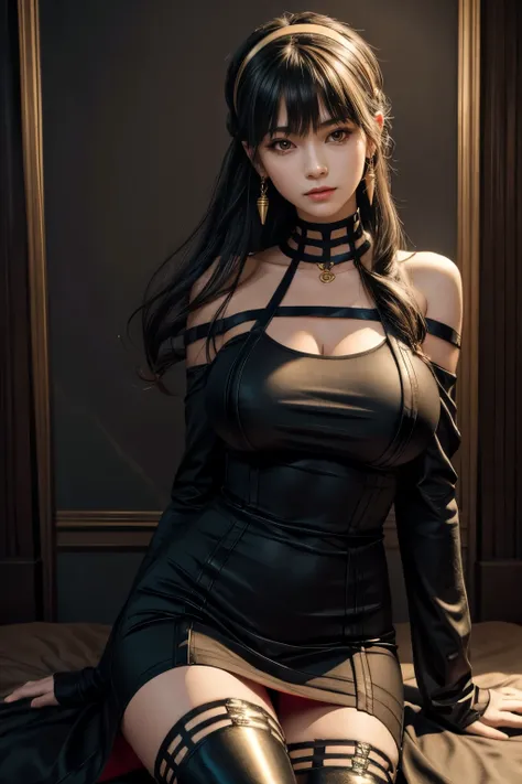 Ajolf, side lock, gold hair band, hair ornaments, red eyes, gold earrings, big breasts, choker, bare shoulders, black dress, double sided dress, fingerless gloves, Thigh high boots bbyorf, short hair with long hair, white hair band, red eyes, gold earrings...