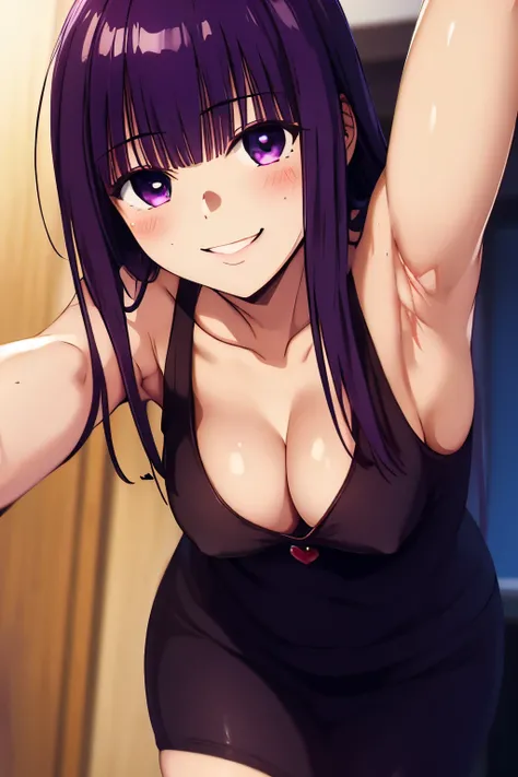 highest quality, masterpiece, (lean forward:1.4), 1 girl, armpit, cleavage, expand your chest, enchanting smile, (blush:1.1)