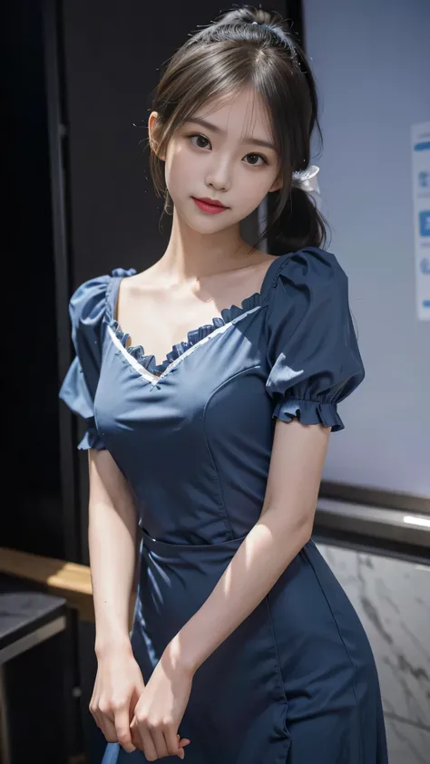 close up face,standing on stage,Blue colored long dress with lots of ruffles,One woman,masutepiece, The highest image quality, High quality, the background is clear,Beautiful woman, Japanese, Detailed, Detailed eyes, Detailed skin, Beautiful skin, 超hight r...