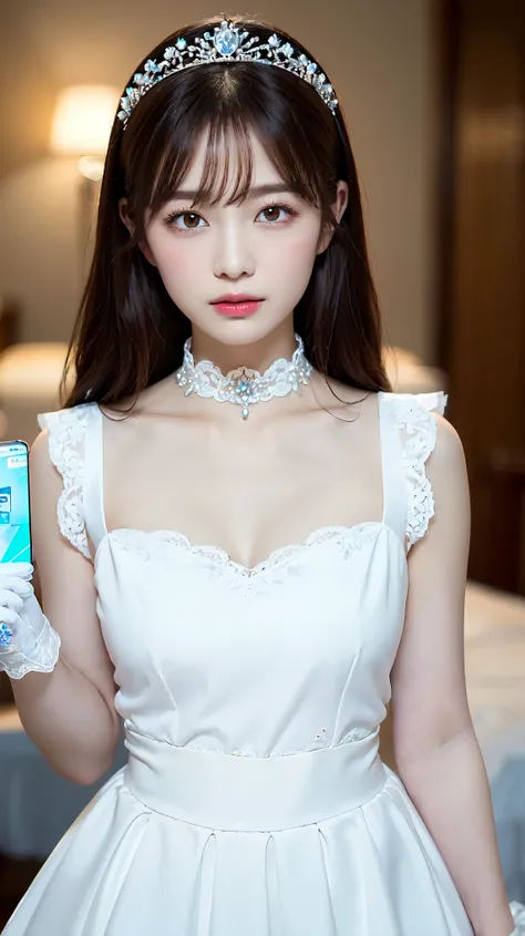 white wedding dress、(White Princess Line Wedding Dresser Tiara、white choker、white lace gloves、white pantyhose:1.2)，(white skirt、beautiful embroidery、White lace garter belt:1.2)，Beautiful Necklace, Hotel、perfect proportions、cute、((18 year old female:1.2))、y...