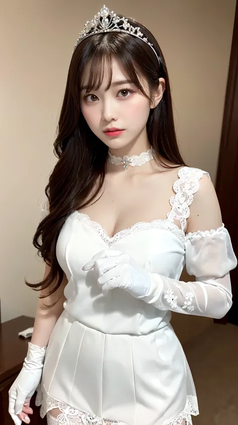 white wedding dress、(White Princess Line Wedding Dresser Tiara、white choker、white lace gloves、white pantyhose:1.2)，(white skirt、beautiful embroidery、White lace garter belt:1.2)，Beautiful Necklace, Hotel、perfect proportions、cute、((18 year old female:1.2))、y...